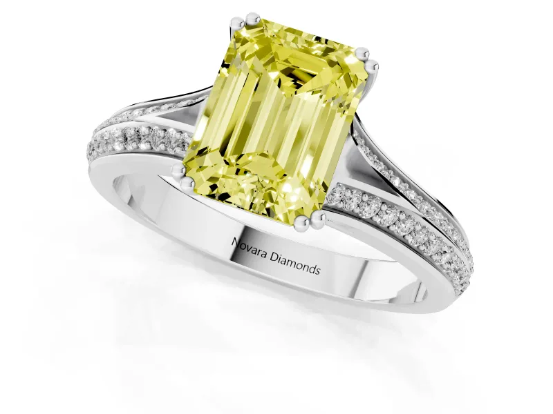 Emerald Cut Split Shank Engagement Ring Setting for a Fancy Yellow Lab-Grown Diamond | Pave Band | Sterling Silver