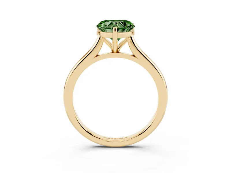 Fancy Green Heart Cut Diamond Solitaire Ring Set in Yellow gold with Cathedral Band and Prong Setting