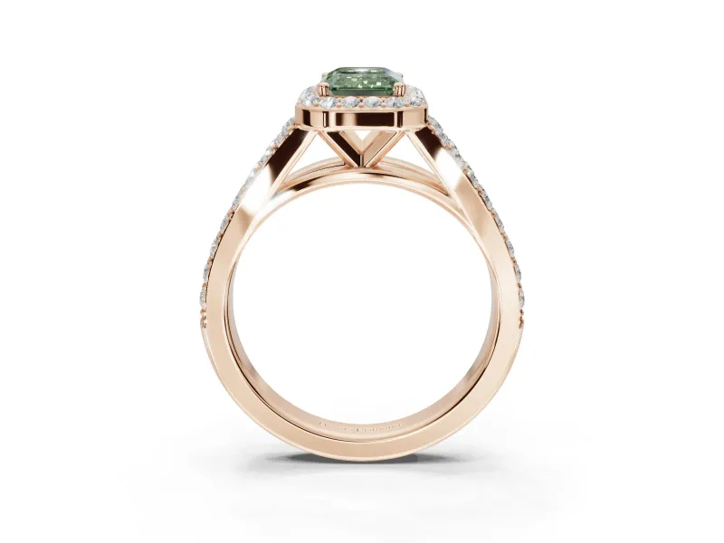 Emerald Cut Halo Pavé Engagement Ring Setting for a Fancy Green Lab-Grown Diamond | Narrow Split Shank | Rose Gold
