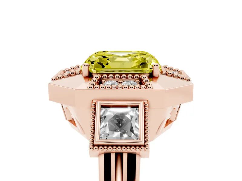 Fancy Yellow Asscher Cut Diamond Milgrain Halo Ring Set in Rose gold with Split Shank