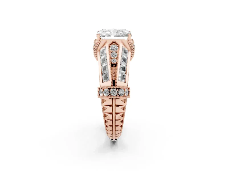 Radiant Cut Diamond Vintage-Inspired Milgrain Ring Set in Rose gold with Accent Split Shank