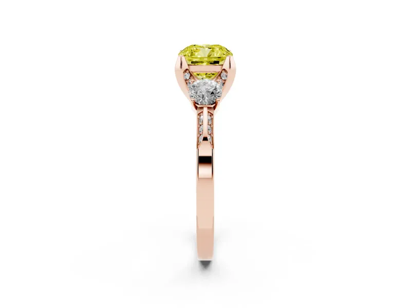 Cushion Cut Hidden Halo Three Stone Engagement Ring Setting for a Fancy Yellow Lab-Grown Diamond | Rose Gold