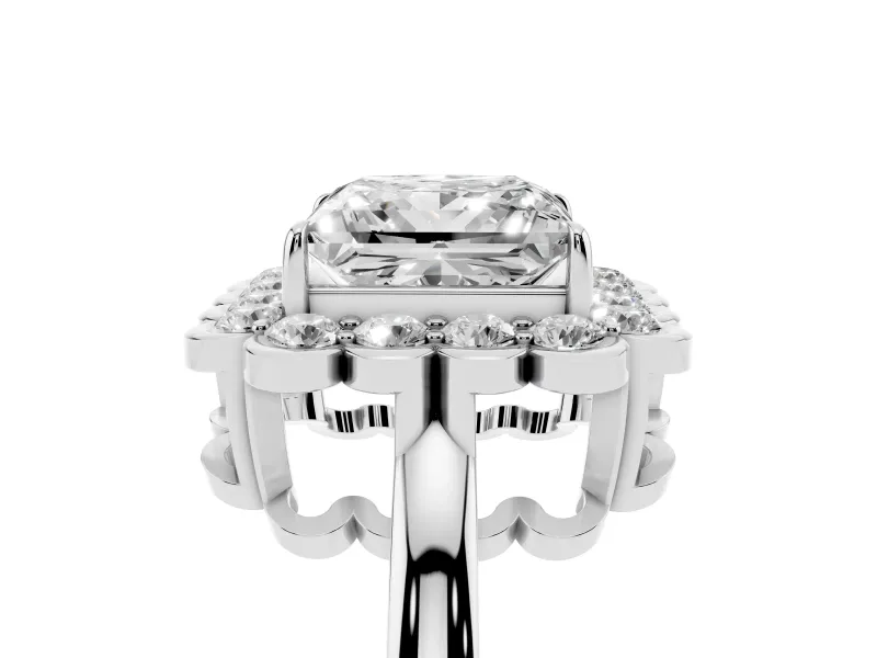 Princess Cut Scalloped Cluster Halo Engagement Ring Setting | Plain Band | White Gold