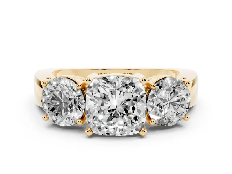Cushion Cut Diamond Three-Stone Ring Set in Yellow gold with Round Side Stones and Classic Band
