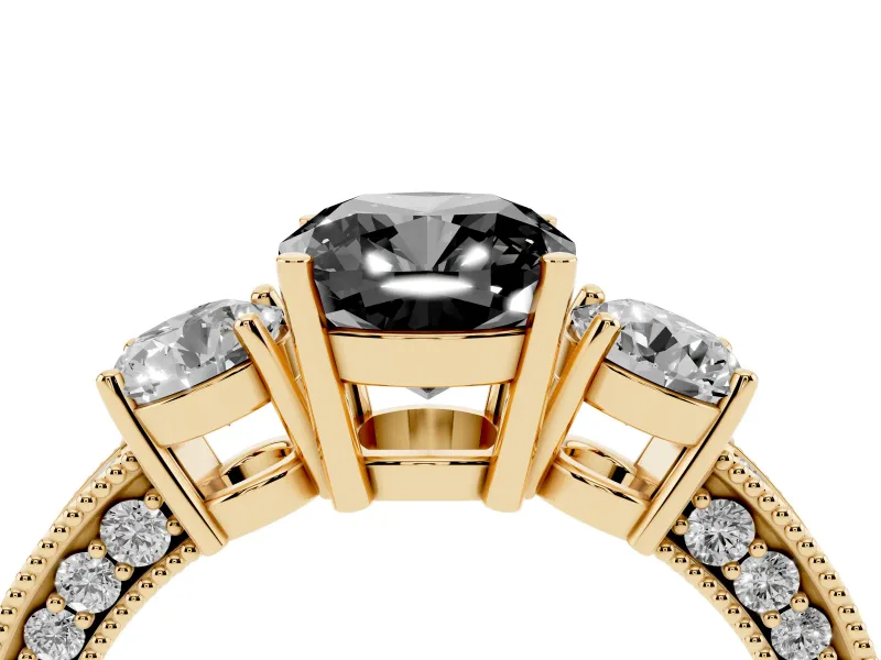 Cushion Cut Vintage Three Stone Engagement Ring Setting for a Black Center | Graduated Milgrain Pavé | Yellow Gold
