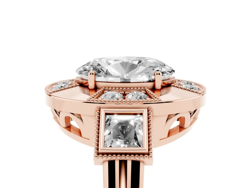 Oval Milgrain Sectioned Halo Engagement Ring Setting | Square-Framed Sides | Rose Gold