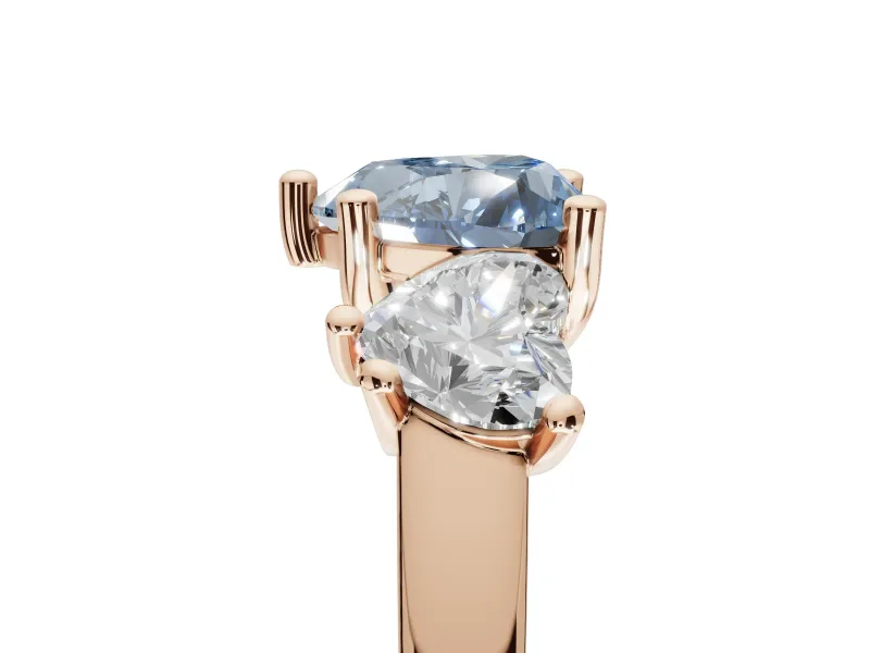 Heart-Shaped Three Stone Engagement Ring Setting for a Fancy Blue Lab-Grown Diamond | Wide Tapered Shoulders | Rose Gold