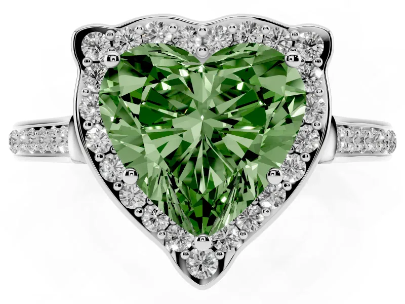 Heart-Shaped Petal Tip Halo Engagement Ring Setting for a Fancy Green Lab-Grown Diamond | Pavé Band | Sterling Silver