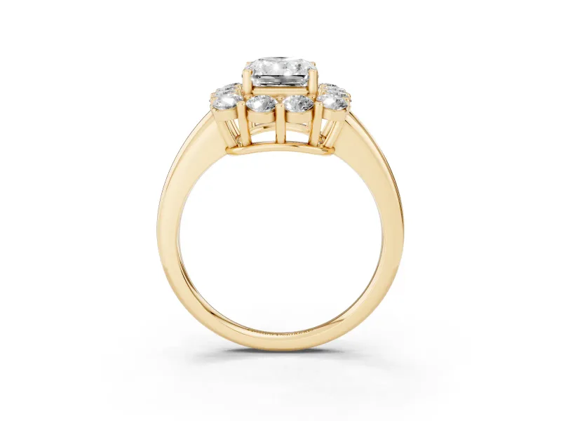 Radiant Cut Cluster Halo Engagement Ring Setting | Large Round Accents | Yellow Gold