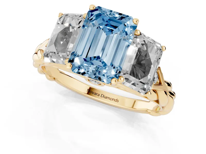 Fancy Blue Emerald Cut Diamond Three-Stone Ring Set in Yellow gold with Braided Band