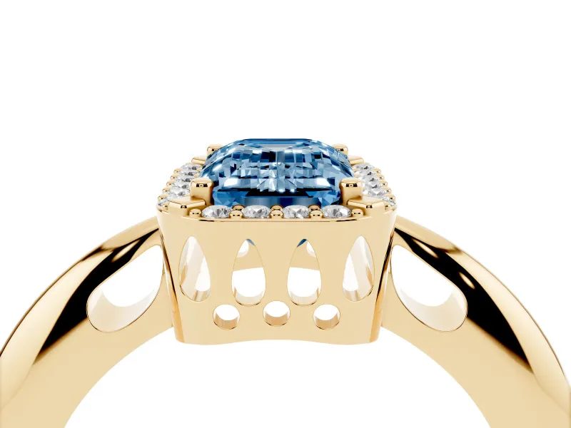 Fancy Blue Emerald Cut Diamond Halo Engagement Ring Set in Yellow gold with Plain Split Shank and Prong Setting