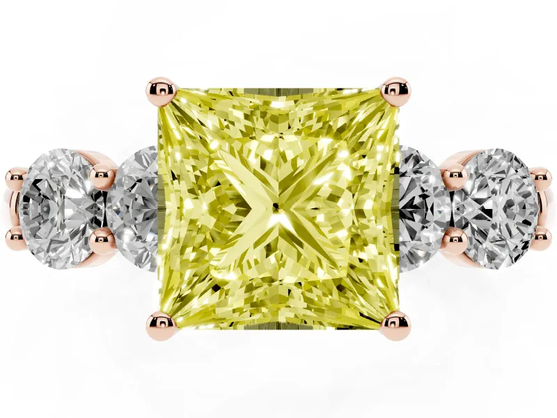 Princess Cut Five Stone Engagement Ring Setting for a Fancy Yellow Lab-Grown Diamond | Prong Set Side Stones | Rose Gold