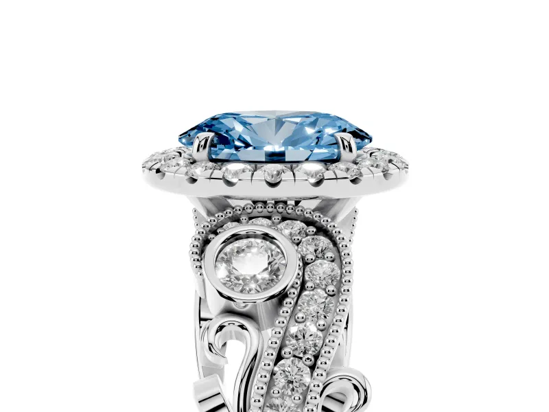 Fancy Blue Oval Cut Diamond Halo Ring Set in Silver with Milgrain Pavé Band and Prong Setting