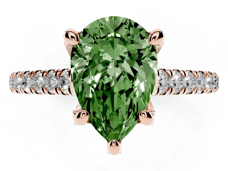 Pear-Shaped Hidden Halo Pave Engagement Ring Setting for a Fancy Green Lab-Grown Diamond | Claw Prongs | Rose Gold