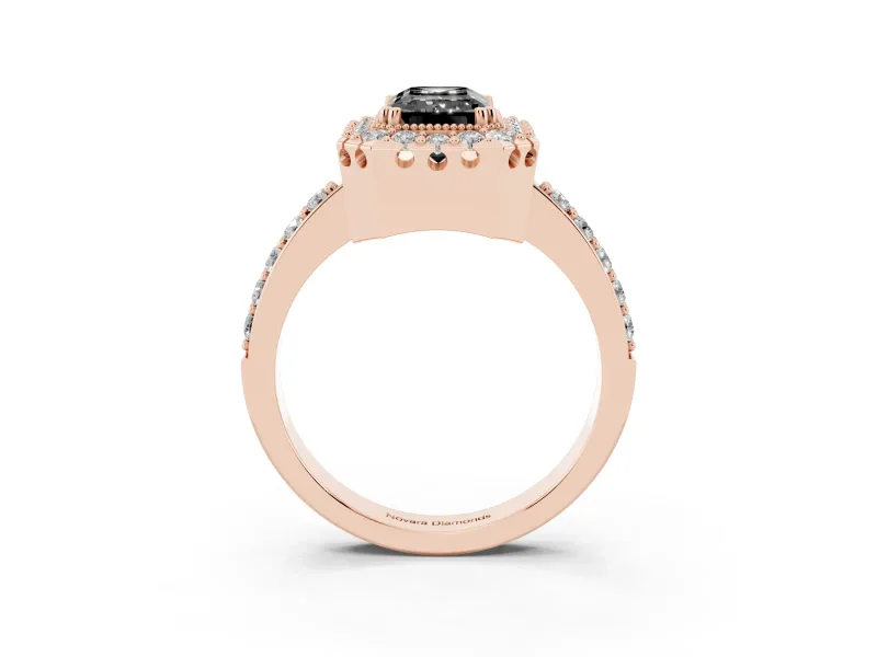 Emerald Cut Milgrain Halo Engagement Ring Setting for a Black Center | Pavé Shoulders | Rose Gold