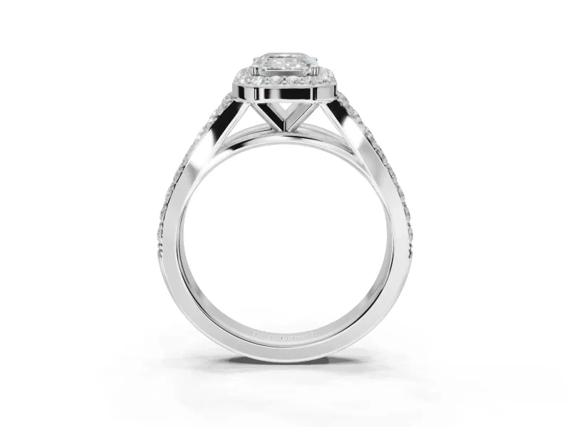 Emerald Cut Halo Pavé Engagement Ring Setting | Narrow Split Shank | Sterling Silver