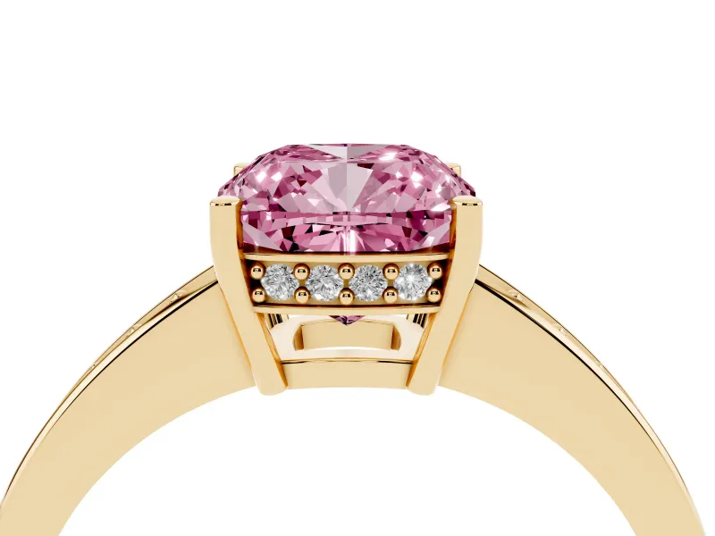 Fancy Pink Cushion Cut Diamond Pavé Band Prong Set Solitaire Ring Set in Yellow gold