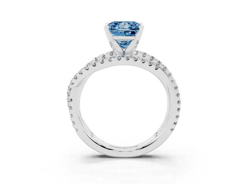 Fancy Blue Princess Cut Diamond Solitaire Twist Band Ring Set in Silver with Pavé Setting and Prong Head
