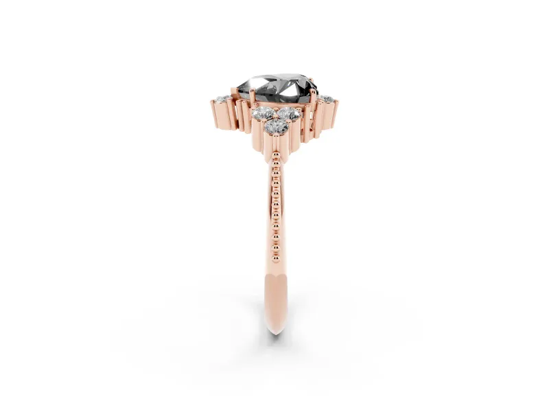 Heart-Shaped Vintage Cluster Engagement Ring Setting for a Black Center | Beaded Edges | Rose Gold