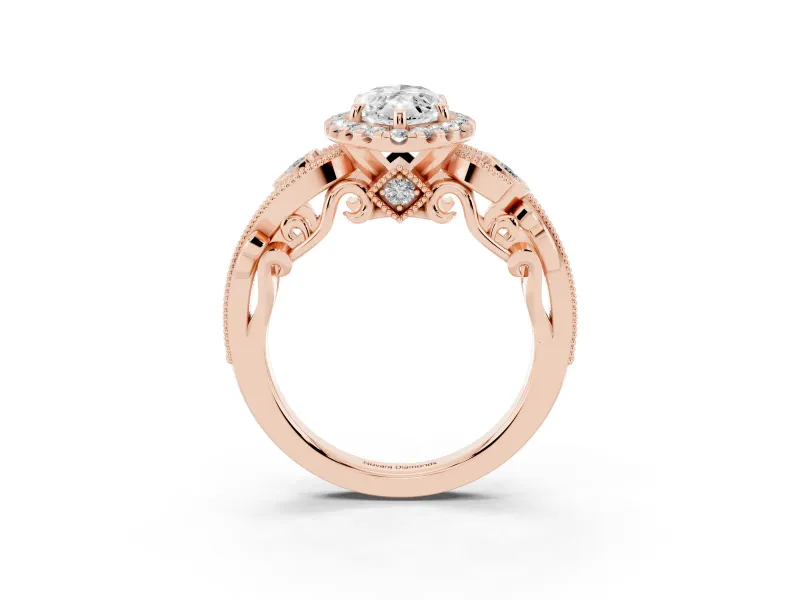 Marquise Cut Diamond Halo Ring Set in Rose gold with Milgrain Pavé Band and Prong Setting