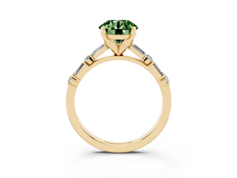 Fancy Green Round Cut Diamond Solitaire Set in Yellow gold with Side Baguettes and Channel Set Band