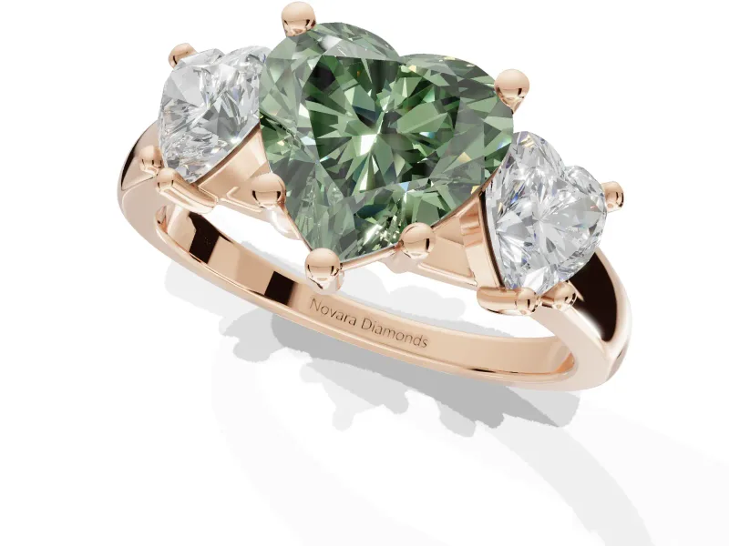 Heart-Shaped Three Stone Engagement Ring Setting for a Fancy Green Lab-Grown Diamond | Tapered Band | Rose Gold