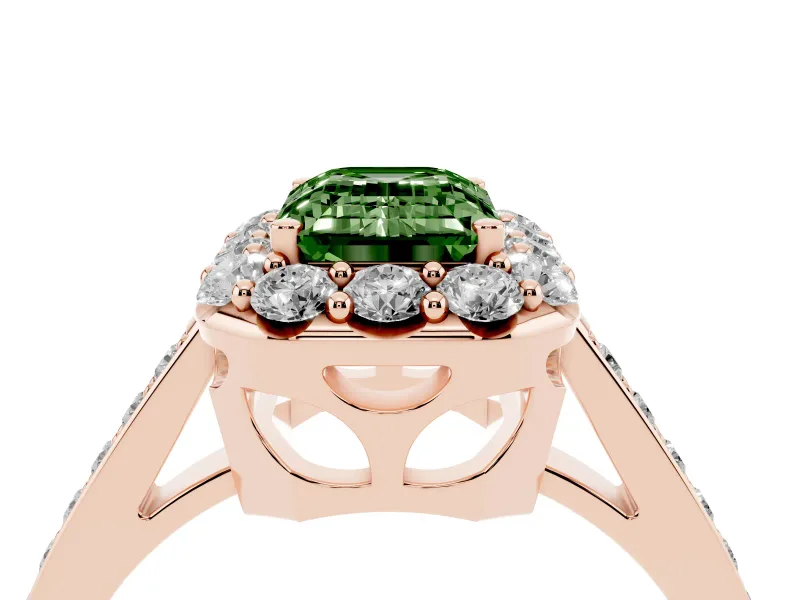 Fancy Green Emerald Cut Diamond Floral Halo Ring Set in Rose gold with Pavé Band and Prong Setting