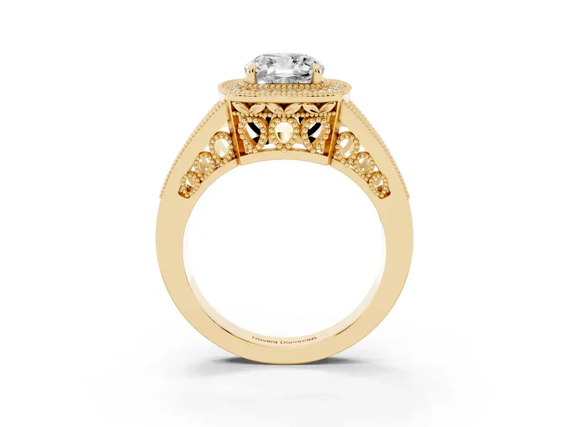 Cushion Cut Vintage Milgrain Halo Engagement Ring Setting | Pave Split Shank | Yellow Gold