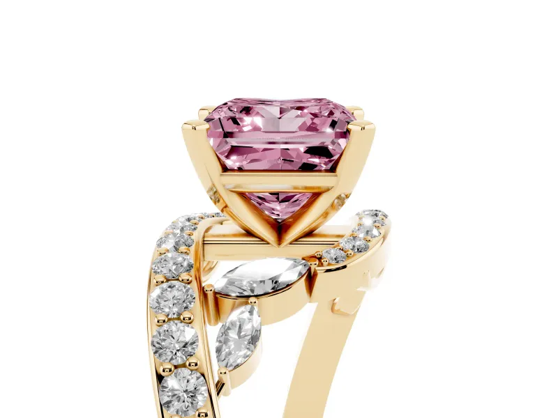 Fancy Pink Princess Cut Diamond Solitaire Ring Set in Yellow gold with Pavé Twist Band and Secure Prong Setting