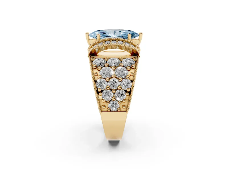 Fancy Blue Marquise Cut Diamond Milgrain Halo Pavé Engagement Ring Set in Yellow gold with Prong Setting