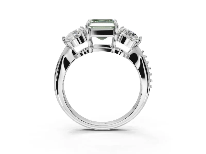 Asscher Cut Three Stone Engagement Ring Setting for a Fancy Green Lab-Grown Diamond | Tapered Pave Band | Platinum