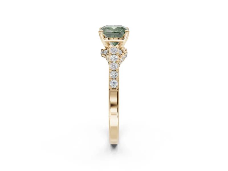 Cushion Cut Pavé Solitaire Engagement Ring Setting for a Fancy Green Lab-Grown Diamond | Crossover Gallery | Yellow Gold