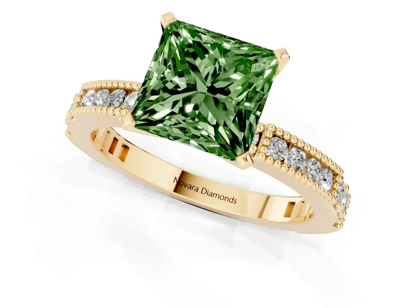 Fancy Green Princess Cut Diamond Solitaire Ring Set in Yellow gold with Slim Pavé Band and Prong Setting