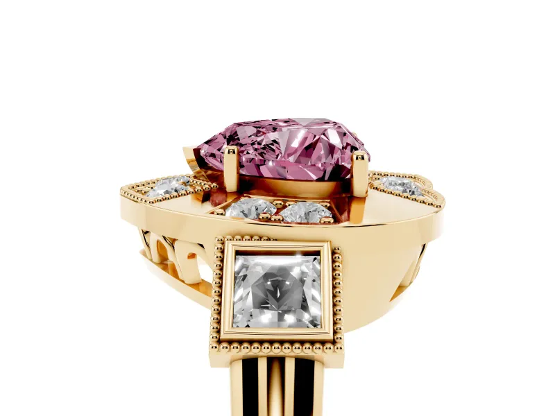 Fancy Pink Heart Cut Diamond Milgrain Halo Ring Set in Yellow gold with Split Shank