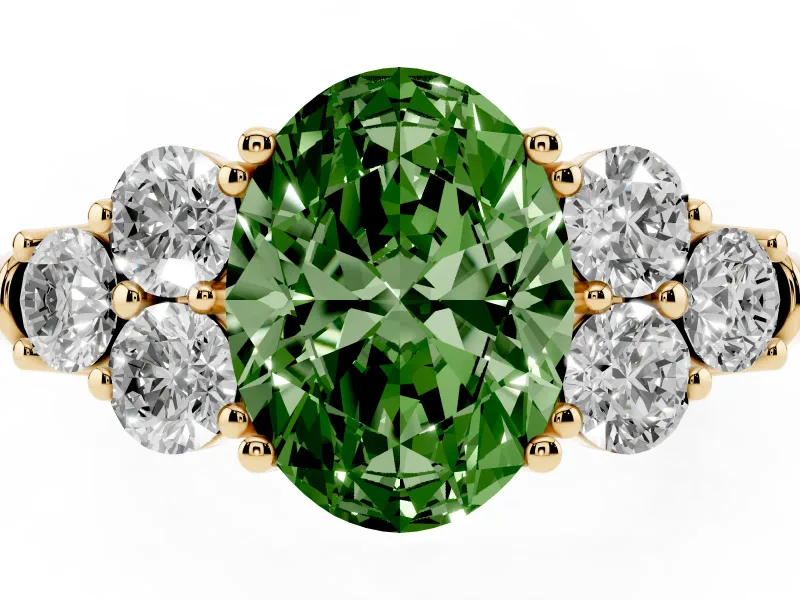 Fancy Green Oval Cut Diamond Cluster Ring Set in Yellow gold with Round Accent Stones and Prong Setting on a Plain Band