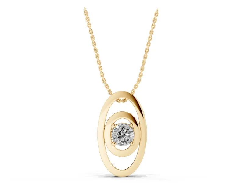 Round Lab-Grown Diamond Solitaire Pendant Necklace | Double Oval Frame | Yellow Gold