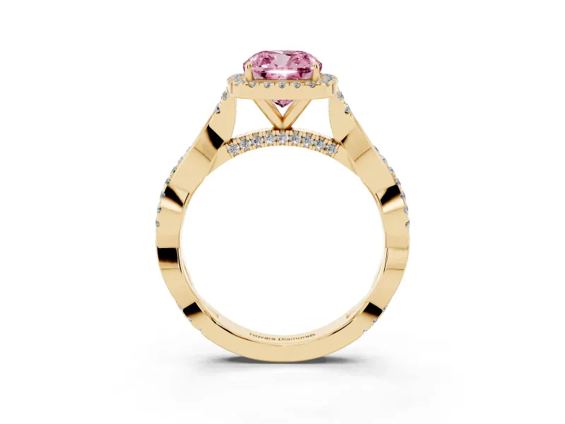 Cushion Cut Twist Halo Engagement Ring Setting for a Fancy Pink Lab-Grown Diamond | Yellow Gold