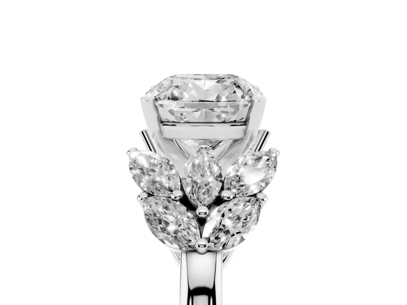 Cushion Cut Diamond Cluster Leaf Design Ring Set in White gold with Prong Setting
