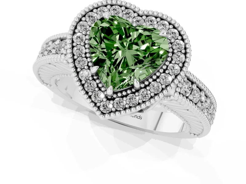 Heart-Shaped Milgrain Halo Engagement Ring Setting for a Fancy Green Lab-Grown Diamond | Sterling Silver