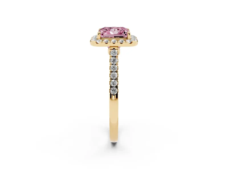 Princess Cut Halo Engagement Ring Setting for a Fancy Pink Lab-Grown Diamond | Pave Shoulders | Yellow Gold