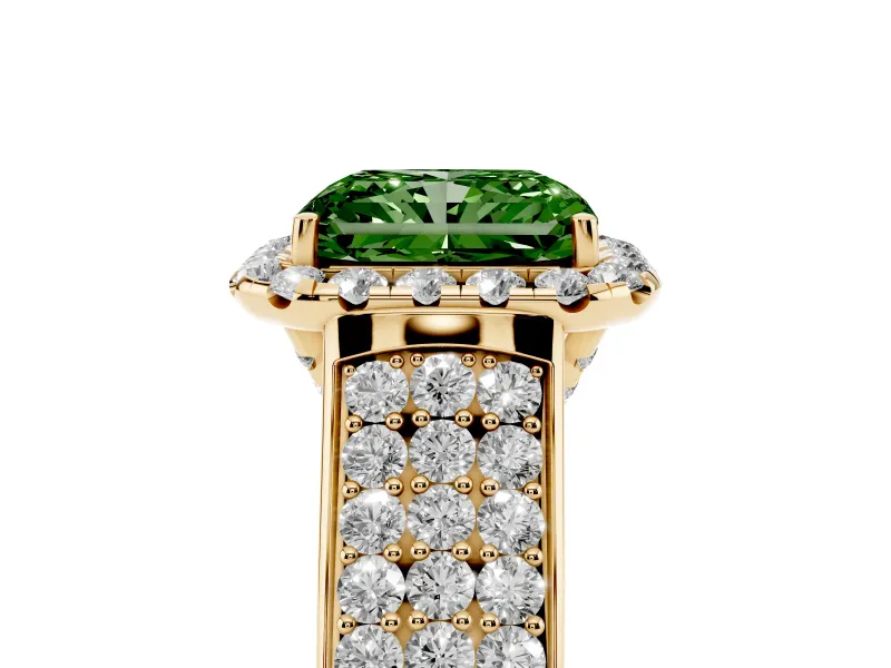 Radiant Cut Pavé Engagement Ring Setting for a Fancy Green Lab-Grown Diamond | Wide Three-Row Band | Yellow Gold