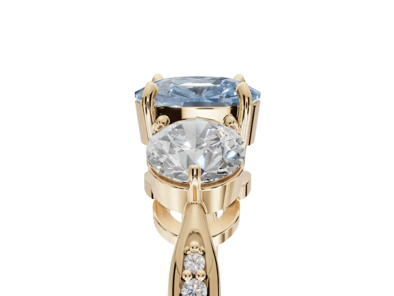 Cushion Cut Three Stone Engagement Ring Setting for a Fancy Blue Lab-Grown Diamond | Tapered Pave Band | Yellow Gold