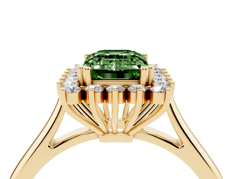 Fancy Green Emerald Cut Diamond Halo Ring Set in Yellow gold with Plain Solitaire Band and Prong Setting