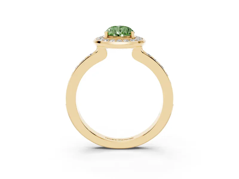Fancy Green Pear Cut Diamond Halo Ring Set in Yellow gold with Bezel Frame and Pavé Band