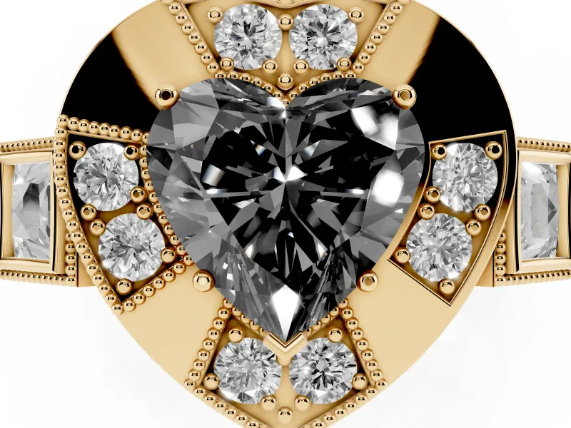 Fancy Black Heart Cut Diamond Milgrain Halo Ring Set in Yellow gold with Split Shank