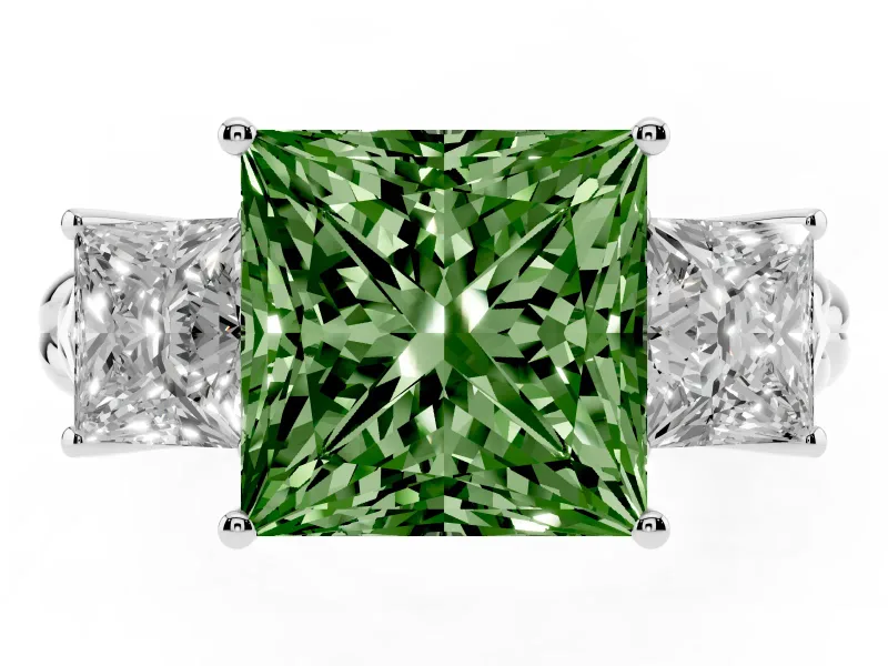 Fancy Green Princess Cut Diamond Three-Stone Ring Set in Platinum with Braided Band