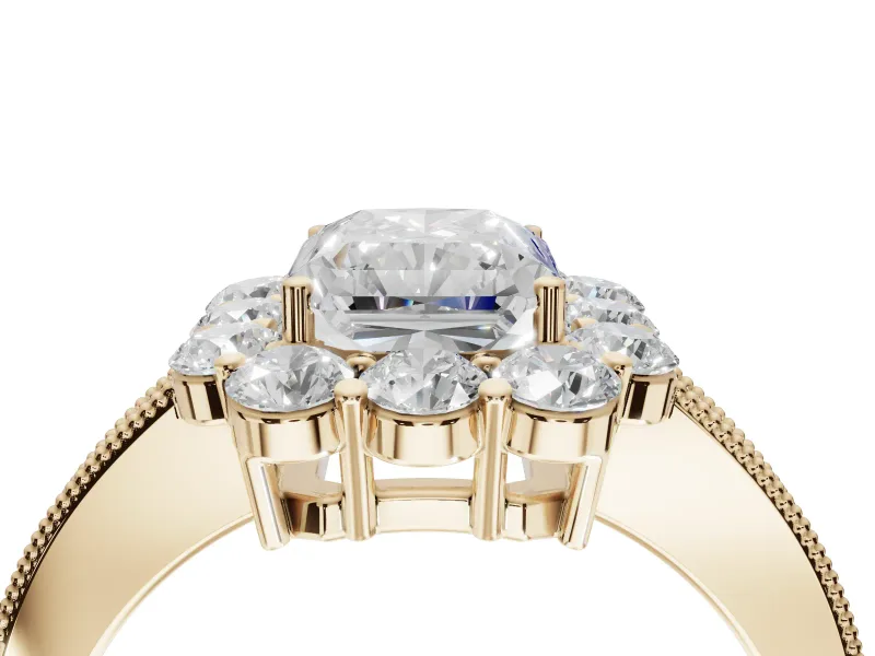 Radiant Cut Vintage Halo Engagement Ring Setting | Milgrain Channel Band | Yellow Gold