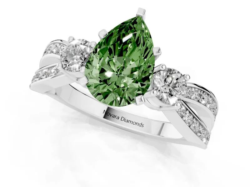 Fancy Green Three-Stone Pear Cut Diamond Twist Band Ring Set in White gold with Pavé Accents and Prong Setting