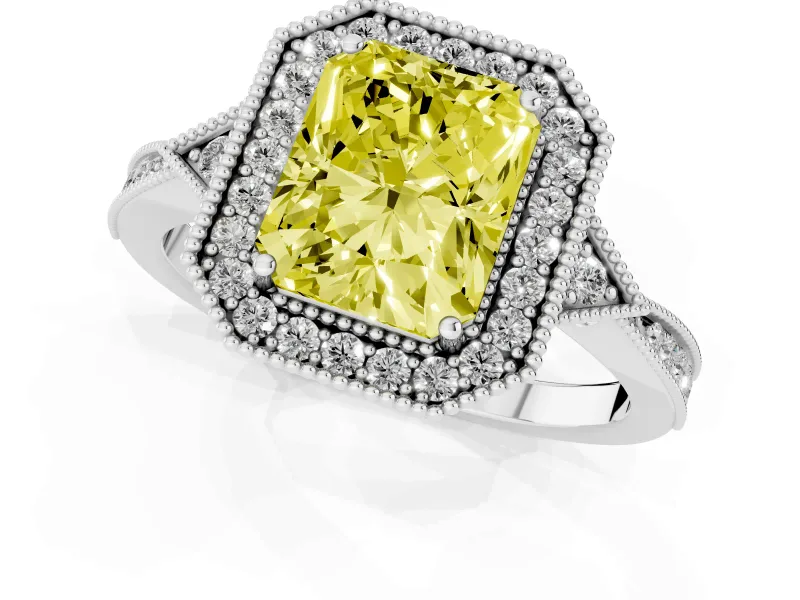 Fancy Yellow Radiant Cut Diamond Halo Engagement Ring Set in White gold with Milgrain Pavé Band
