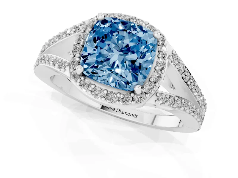 Cushion Cut Split Shank Halo Engagement Ring Setting for a Fancy Blue Lab-Grown Diamond | Platinum